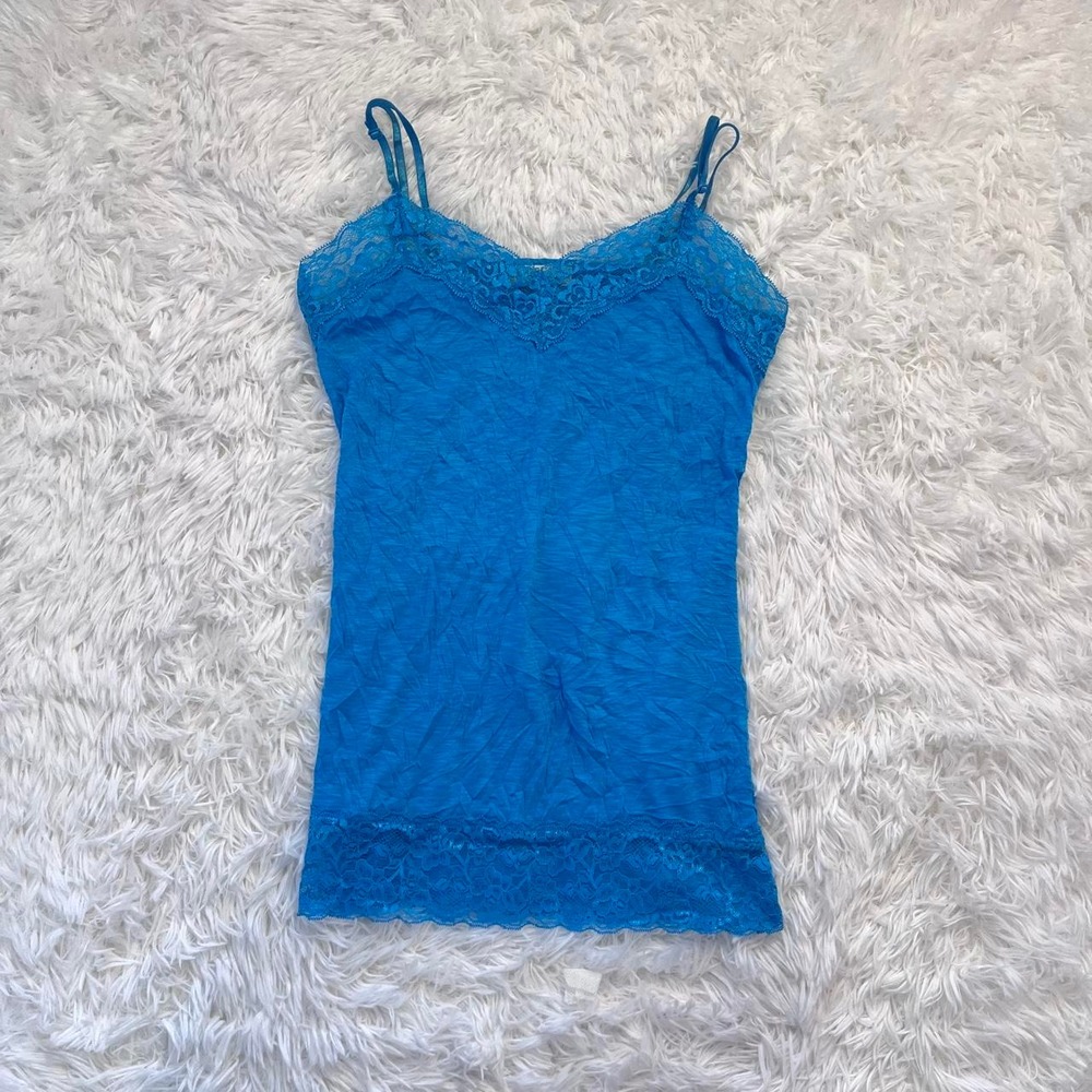 y2k blue crinkle lace trim tank top medium